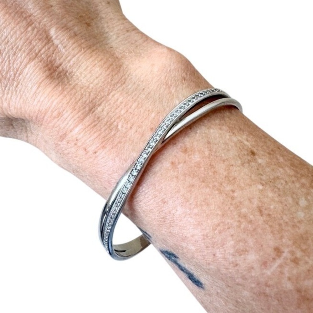 Silver Tone Cuff Bracelet Crystal Crossover Open Bangle Double Band
